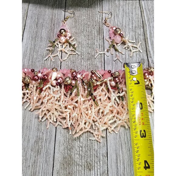 Crafted Gemstone Coral inspired Beaded Waterfall Pink Cream Necklace Earring Set - Picture 12 of 13
